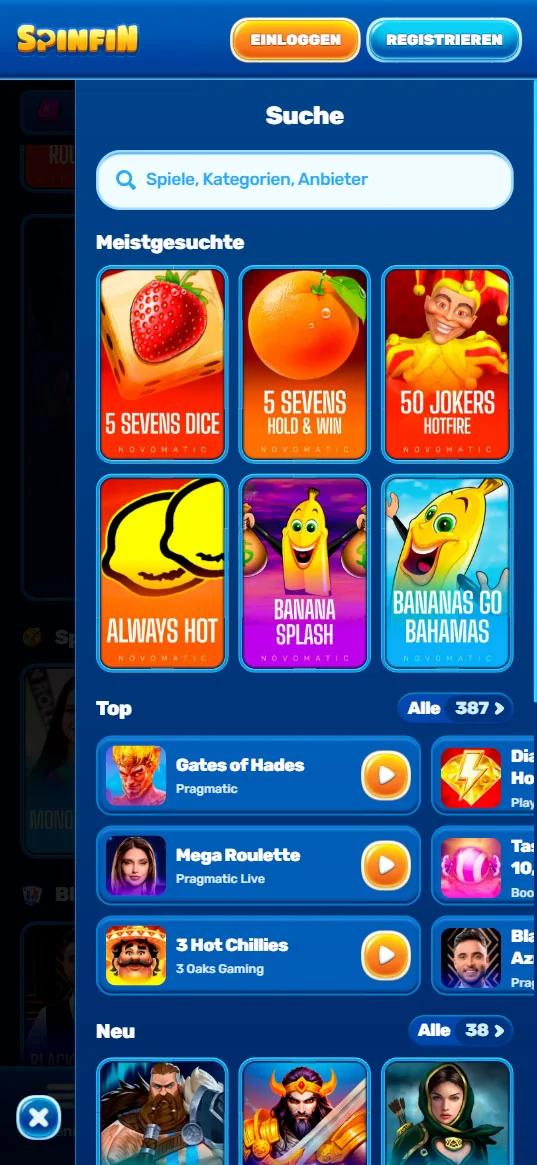 mobiles Menü Spinfin Casino